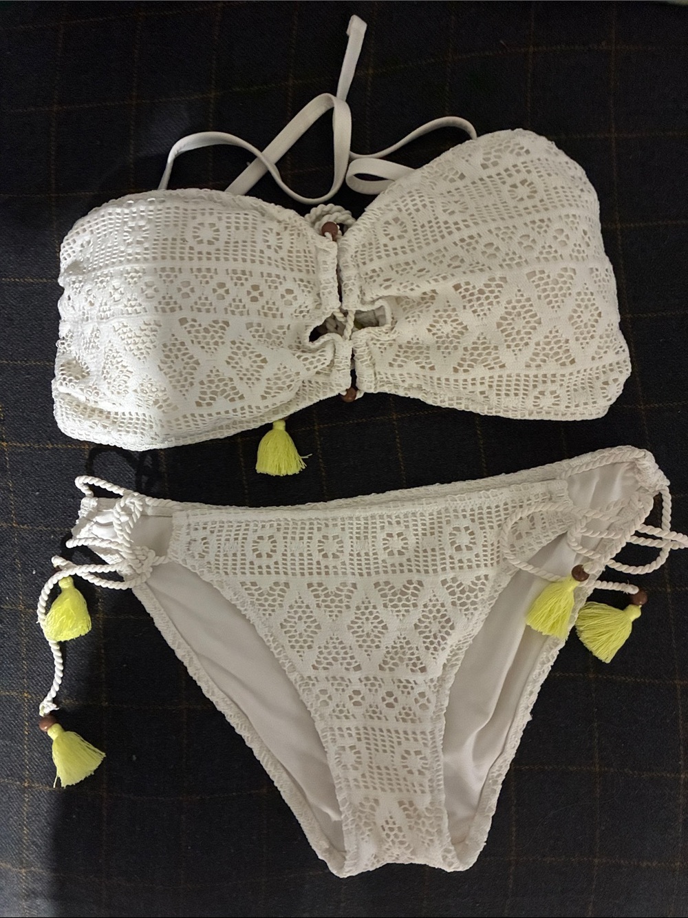 Victoria's Secret White Crochet Bikini with Yellow Tassels